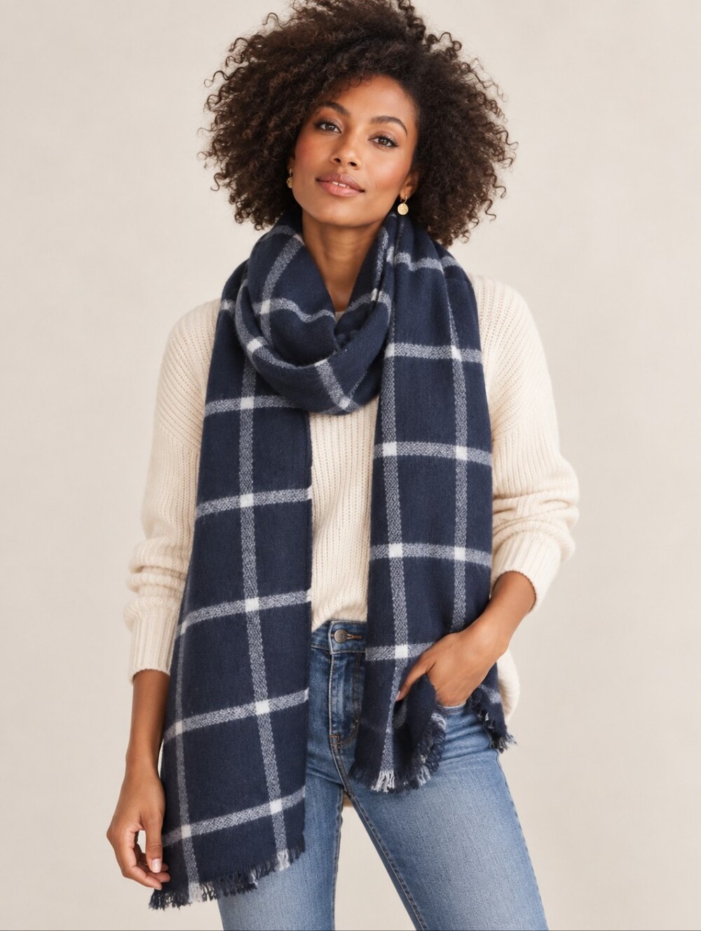 Sole Society Scarf Black Gray White Plaid Fringe